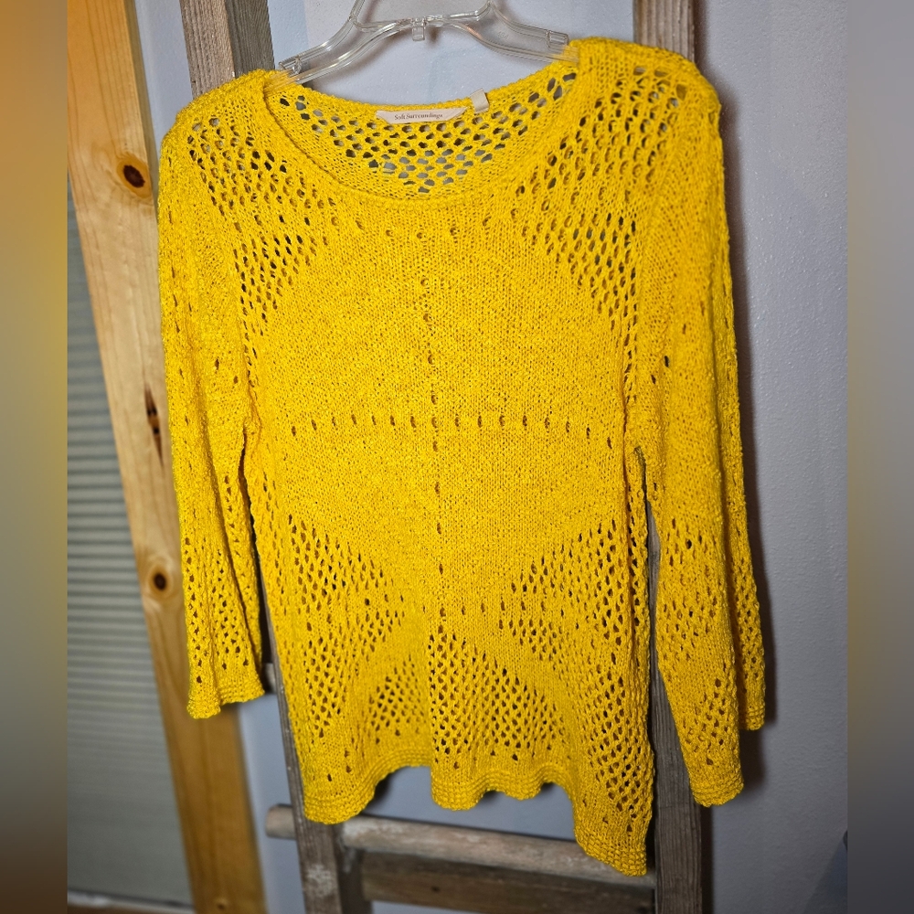 Soft Surrounding Beachwalk Sweater Round Neck 3/4 S CrochetPullover Yellow M